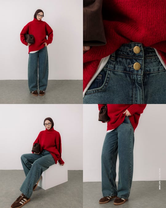 İki Düğmeli Haki Denim Pantolon