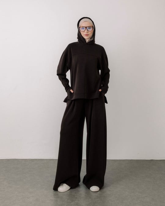 Kapüşonlu Sweat Pantolon Kahve Takım