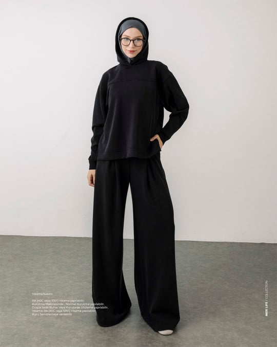 Kapüşonlu Sweat Pantolon Siyah Takım