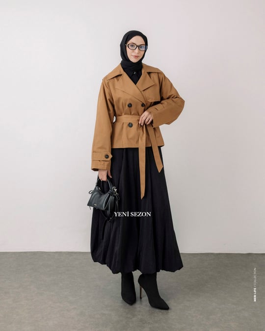 Kruvaze Camel Kısa Trençkot