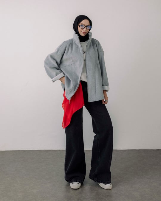 Oversize Fermuarlı Gri Kaşe Ceket