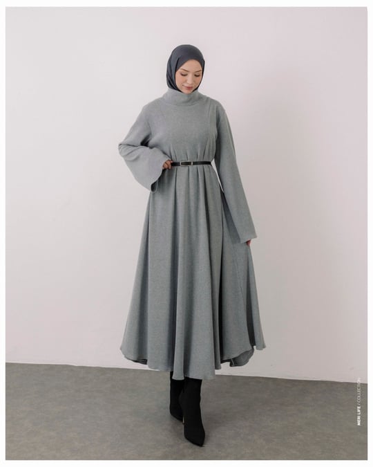 Oversize Fitilli Kemerli Gri Elbise