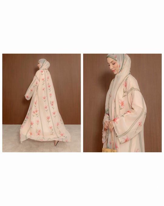 Şal Detaylı Desenli Pembe Abaya