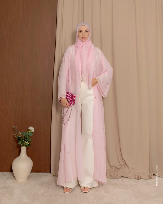 Şal Detaylı Taş İşleme Pembe Abaya