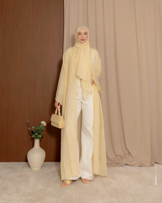 Şal Detaylı Taş İşleme Sarı Abaya