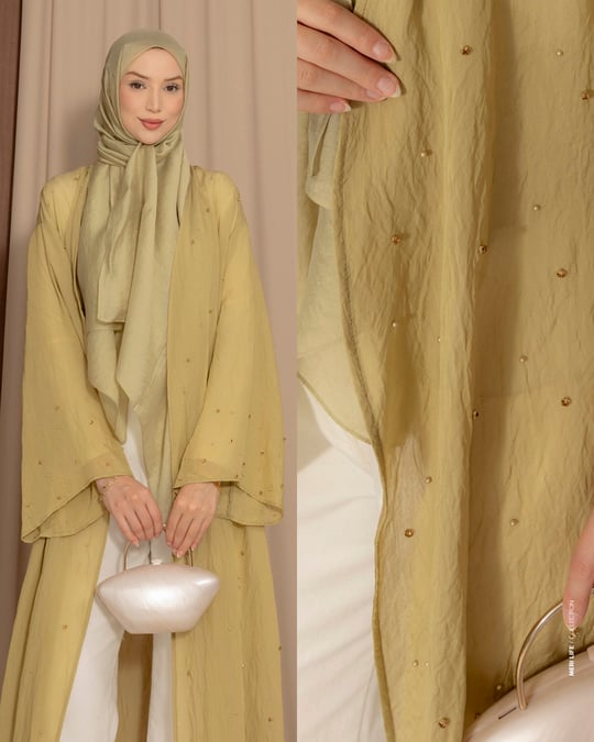 Şal Detaylı Taş İşleme Yağ Yeşili Abaya