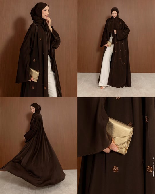 Şal Detaylı Taş İşlemeli Kahve Abaya