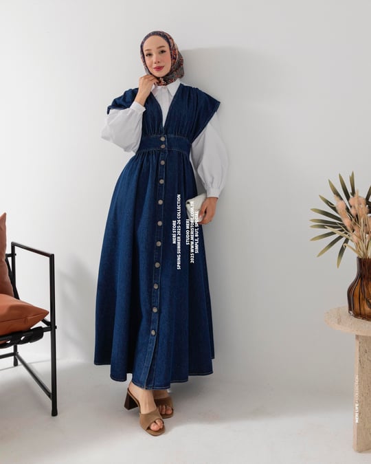 V Yaka Düğmeli Lacivert Denim Jile