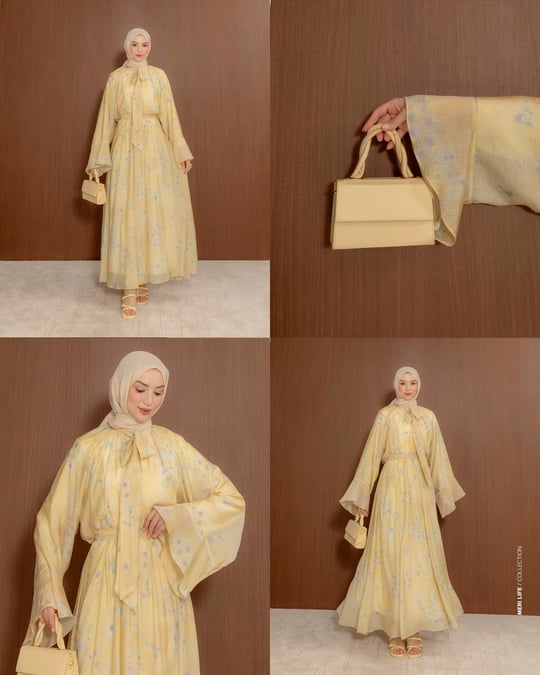 Yaka Bağcıklı Desenli Sarı Elbise