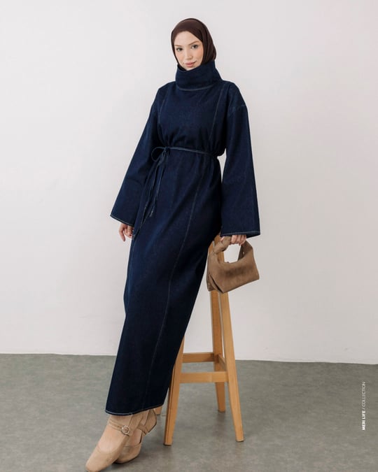 Yaka Detaylı Lacivert Denim Elbise
