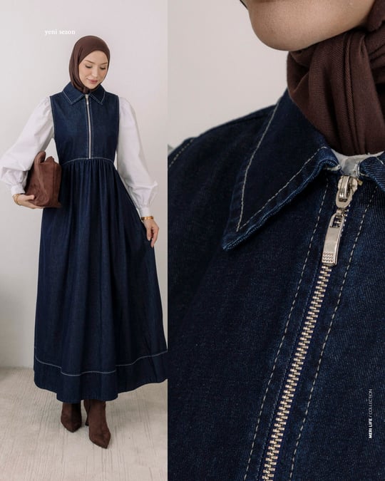 Yarım Fermuarlı Lacivert Denim Jile
