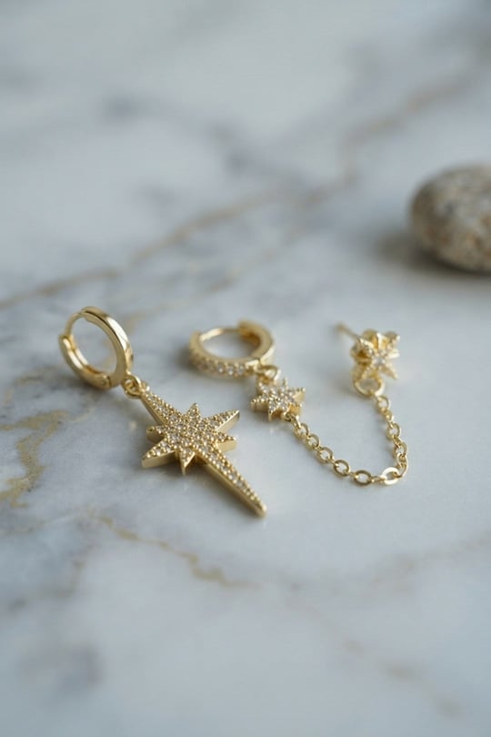 3 lü Set Küpe Gold Renk Zincir Detaylı