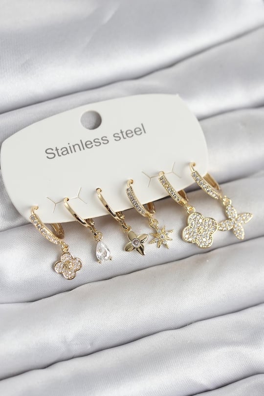 316L Çelik Gold Renk 6'lı Set Yonca Model Kadın Küpe
