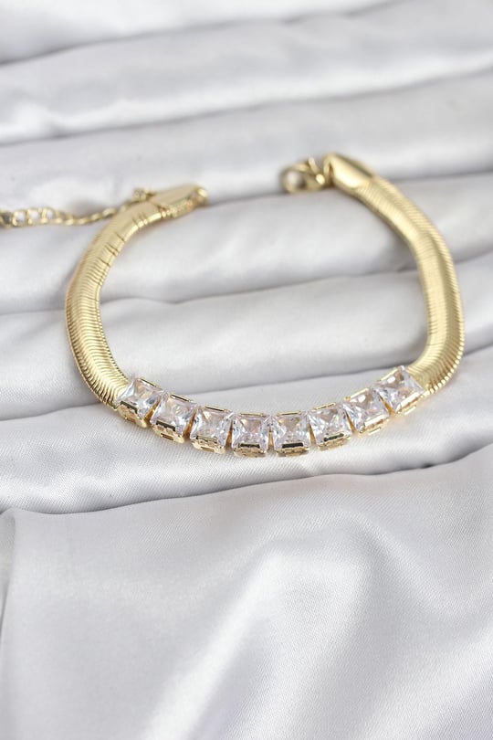 316L Çelik Gold Renk Kare Zirkon Taşlı Yılan Zincirli Kadın Bileklik