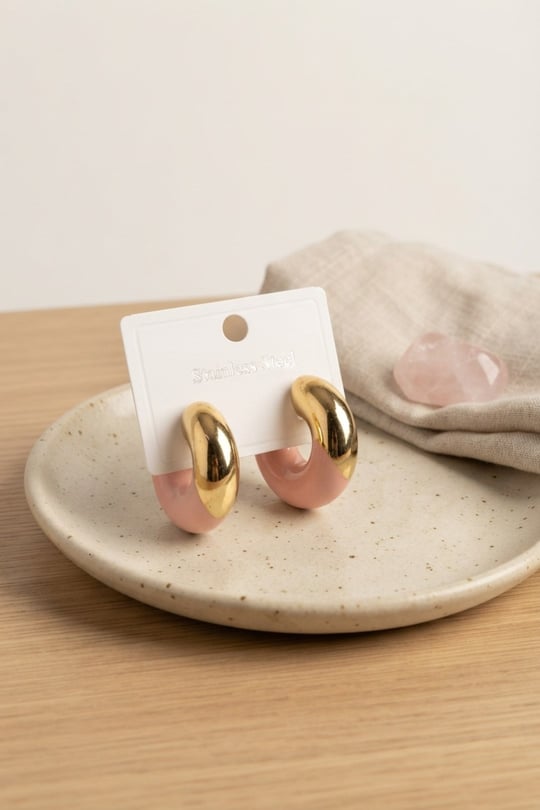316L Çelik Gold Renk Pembe Halka Model Kadın Küpe