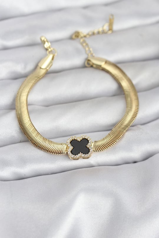 316L Çelik Gold Renk Siyah Yonca Model Zirkon Taşlı Yılan Zincirli Kadın Bileklik