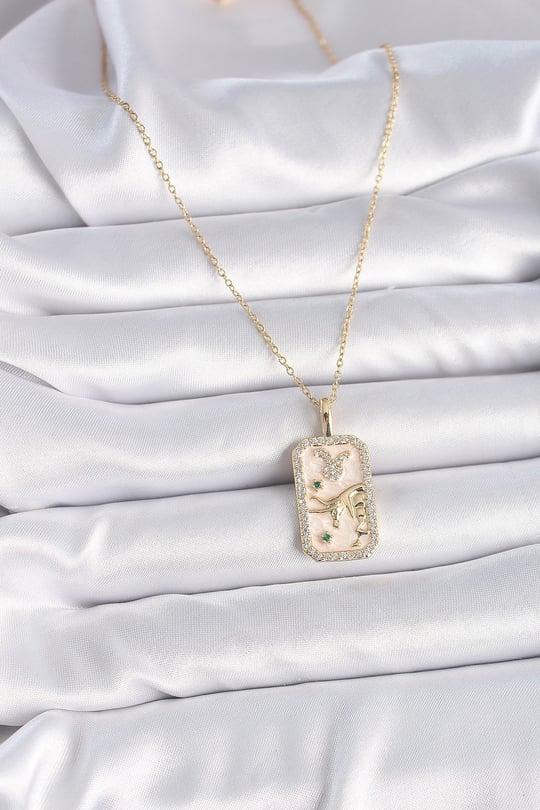 316L Çelik Gold Renk Zincir Boğa Burcu Zirkon Taşlı Kadın Kolye