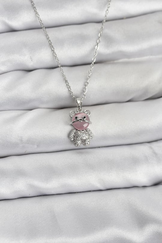 316L Çelik Zincir Gümüş Renk Teddy Bear Model Zirkon Taşlı Kadın Kolye