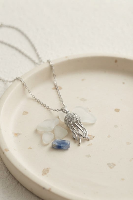 316L Çelik Zincir Gümüş Renk Zirkon Taşlı Jellyfish Model Kolye