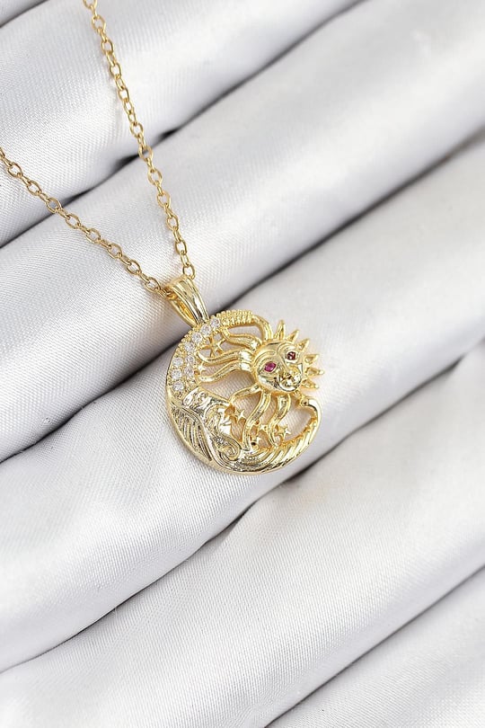 316L Çelik Zirkon Taşlı Ay Ve Güneş Model Gold Renk Kadın Kolye
