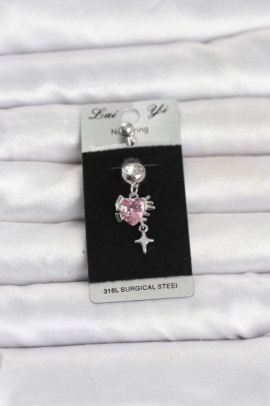 316L Cerrahi Çelik Pembe Zirkon Taşlı Model Göbek Piercing