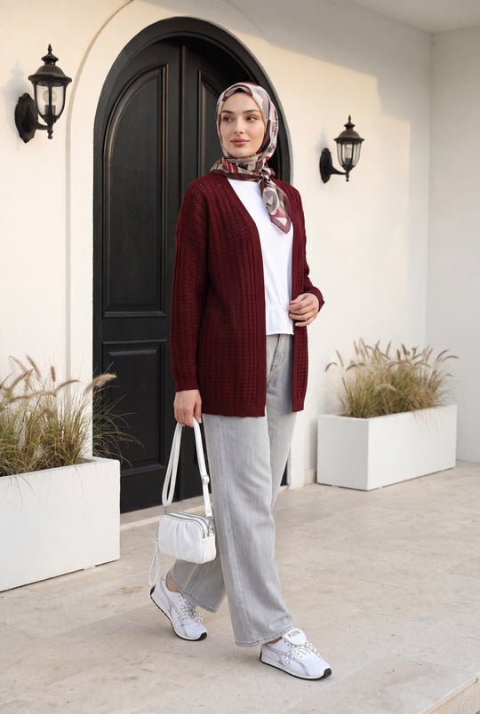 Ajurlu İnce Triko Hırka -Bordo