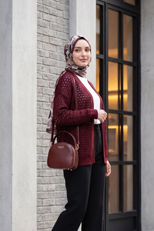 Ajurlu Salaş Triko Hırka  -Bordo