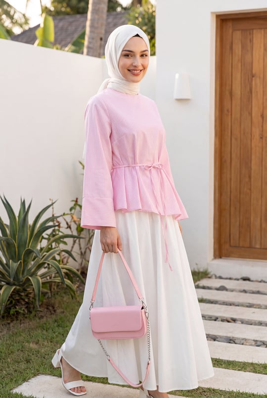 Asimetrik Kesim Beli Bağcıklı Çizgili Policoton Bluz -Pembe