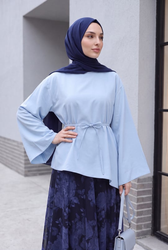 Asimetrik Kesim Beli Bağcıklı Oversize Modal Tunik  -Bebe Mavi