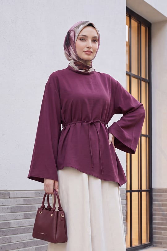 Womens Asymmetric-Cut Waist Drawstring Oversized Modal Tunic - Plum