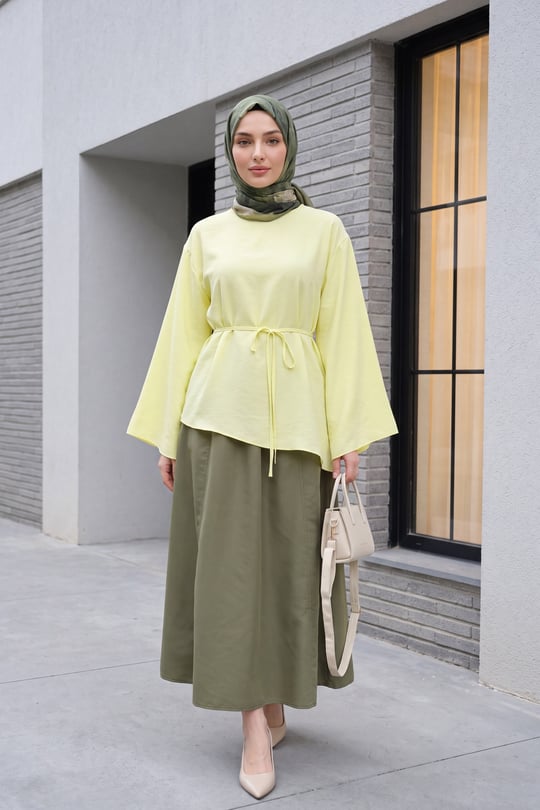 Asimetrik Kesim Beli Bağcıklı Oversize Modal Tunik  -Açık Sarı