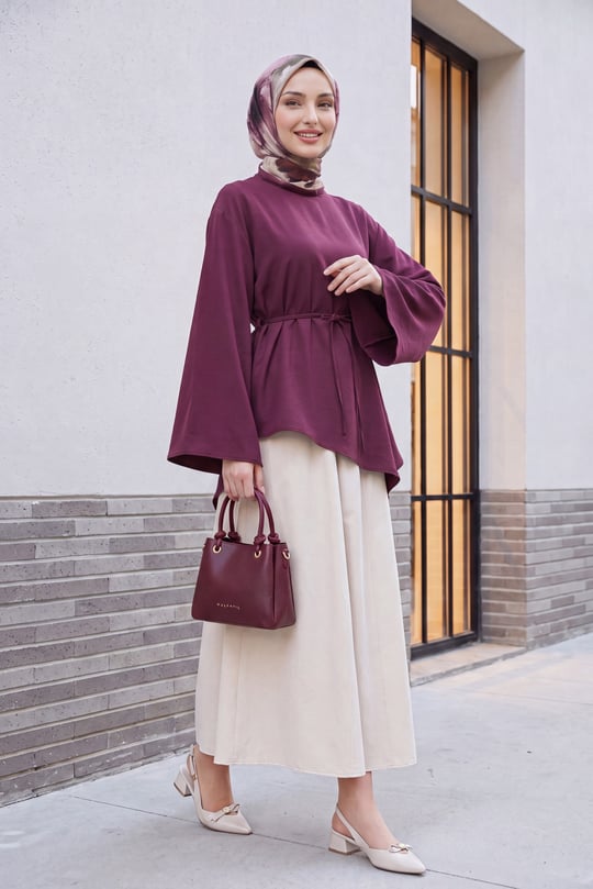 Womens Asymmetric-Cut Waist Drawstring Oversized Modal Tunic - Plum