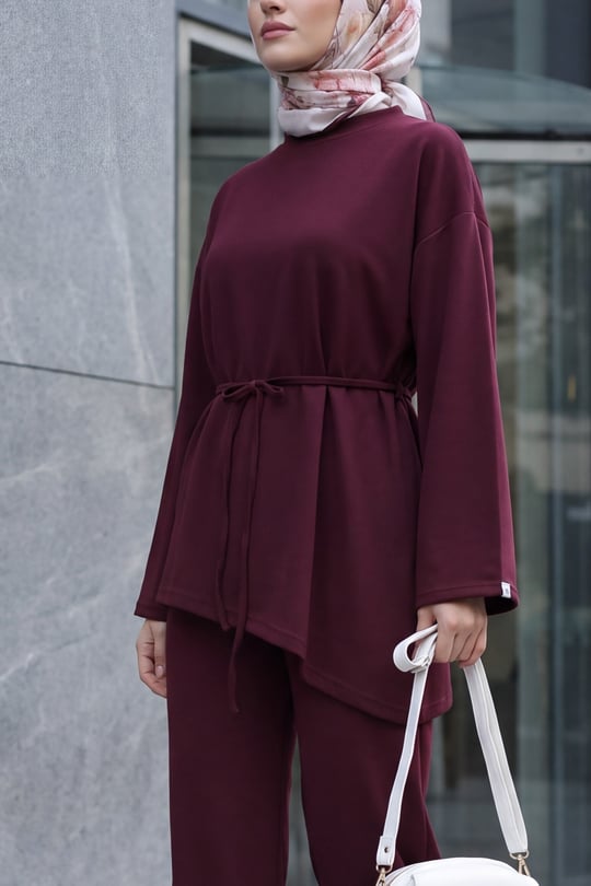 Asimetrik Kesim Beli Kemerli Pantolonlu Oversize Penye Takım -Mürdüm