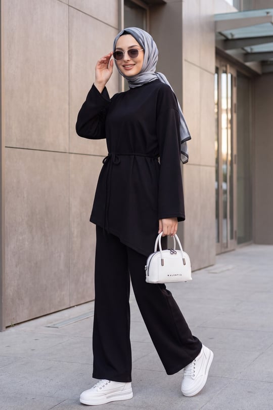 Asimetrik Kesim Beli Kemerli Pantolonlu Oversize Penye Takım -Siyah
