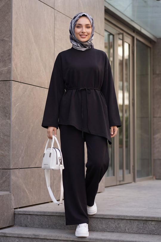 Asimetrik Kesim Beli Kemerli Pantolonlu Oversize Penye Takım -Siyah