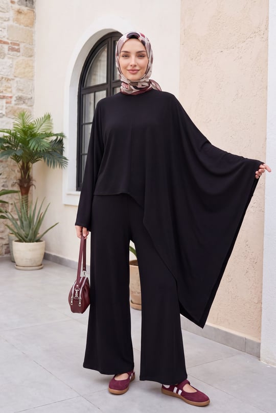 Womens Asymmetric-Cut Pants Pocket Relaxed Viscose Poncho Set -Black