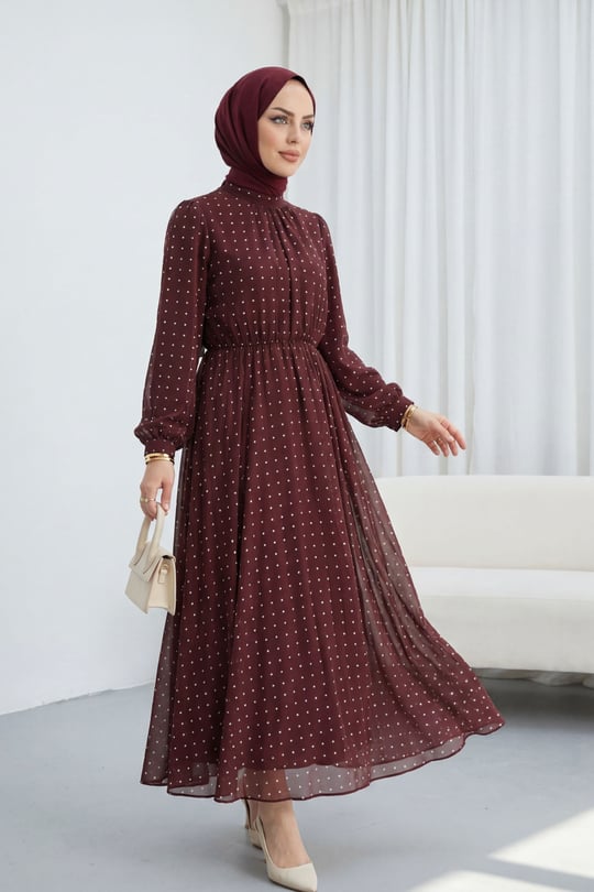 Astarlı Beli Lastikli Puantiye Desenli Uzun Şifon Elbise -Bordo