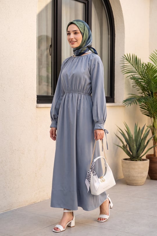 Bağlama Detaylı Beli Lastikli Poplin Elbise -Mavi