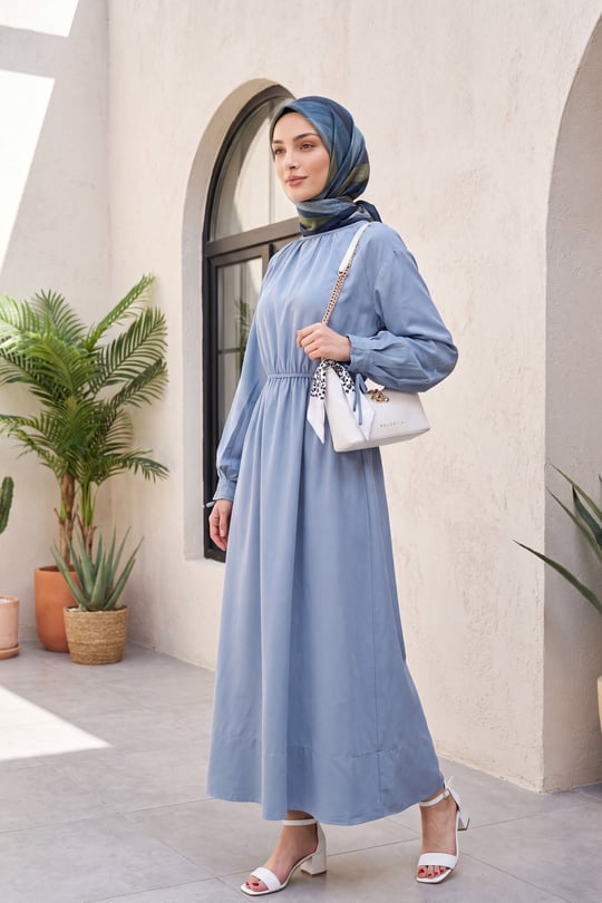 Bağlama Detaylı Beli Lastikli Poplin Elbise -Mavi