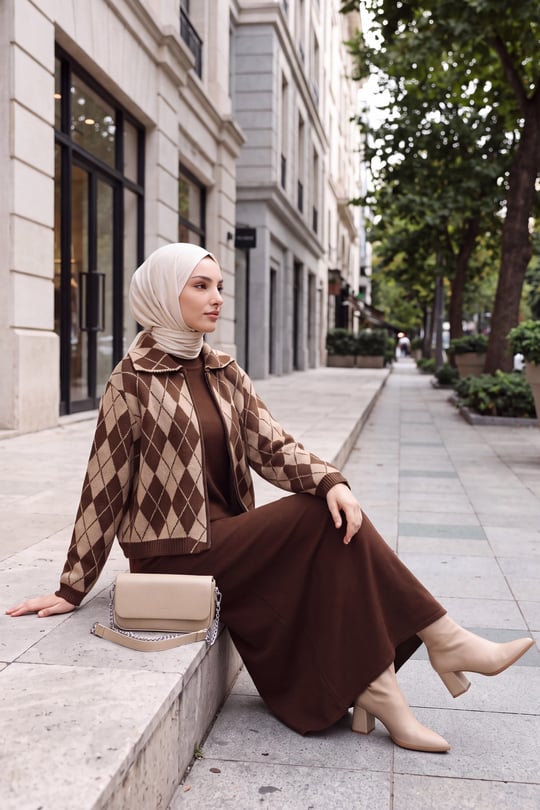 Baklava Desenli Polo Yaka Triko İçlikli Hırkalı Takım  -Vizon