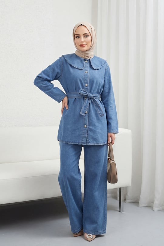 Bebe Yaka Beli Kemerli Önü Düğmeli Pantolonlu Kot Takım  -Buz Mavi