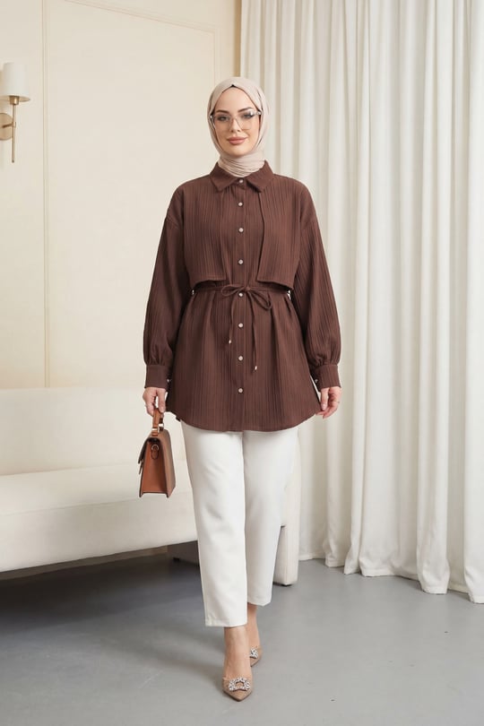 Beli Bağlamalı Bolero Detaylı Taşlı Düğmeli Gömlek  -K. Kahve