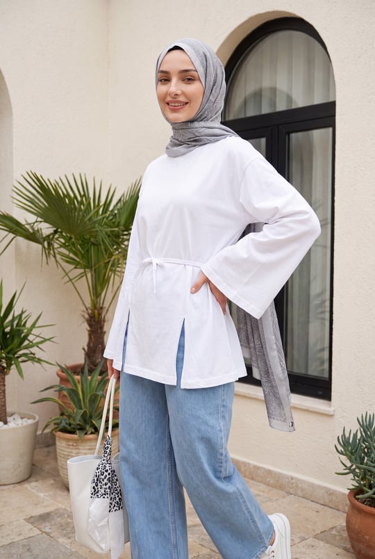 Beli Bağlamalı Yırtmaçlı Penye Tunik  -Beyaz