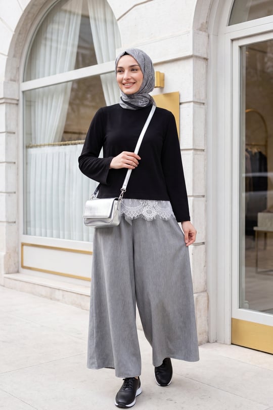 Beli Lastikli Kuşaklı Cepli Keten Görünümlü Etek Pantolon -Gri