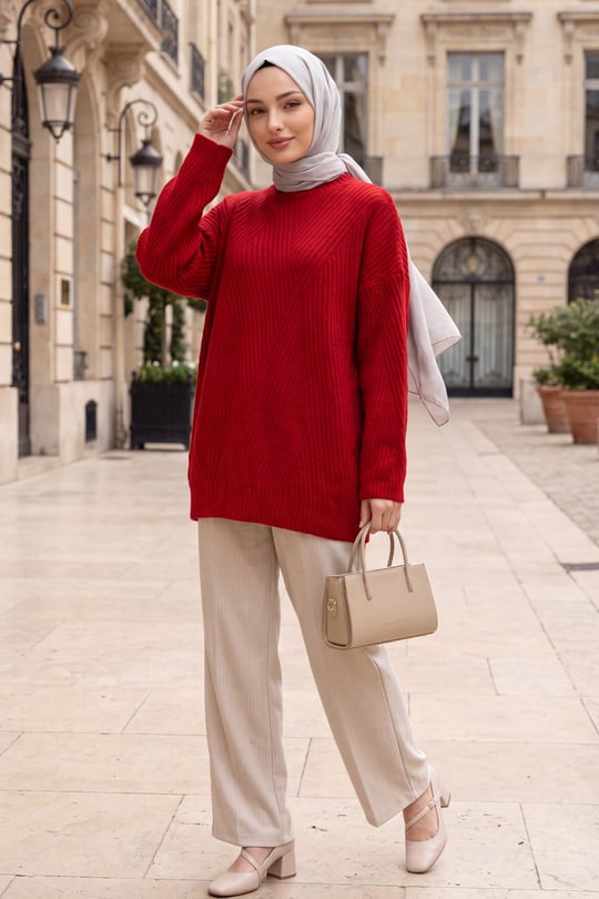 Womens Crew-Neck Patterned Relaxed Knit Tunic - Red