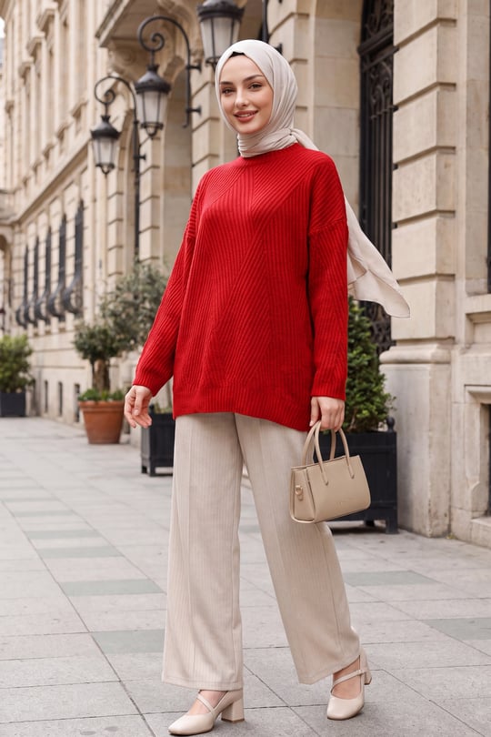 Womens Crew-Neck Patterned Relaxed Knit Tunic - Red