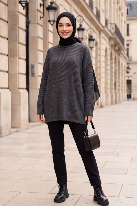 Womens Crew-Neck Patterned Relaxed Knit Tunic - Charcoal
