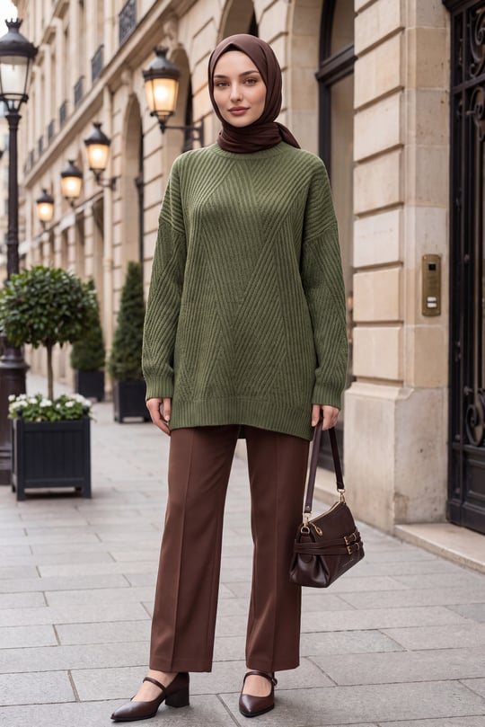Womens Crew-Neck Patterned Relaxed Knit Tunic - Khaki