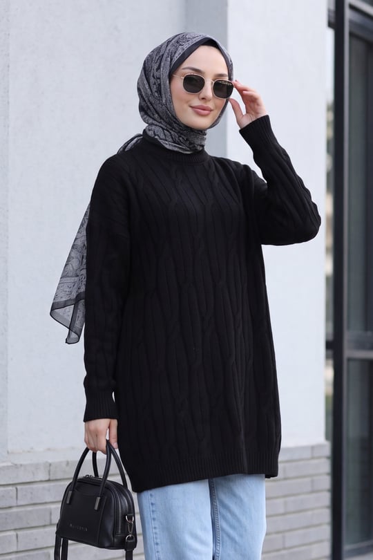 Bisiklet Yaka Desenli Triko Tunik  -Siyah