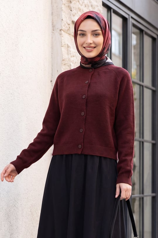 Bisiklet Yaka Düğmeli Triko Hırka -Bordo